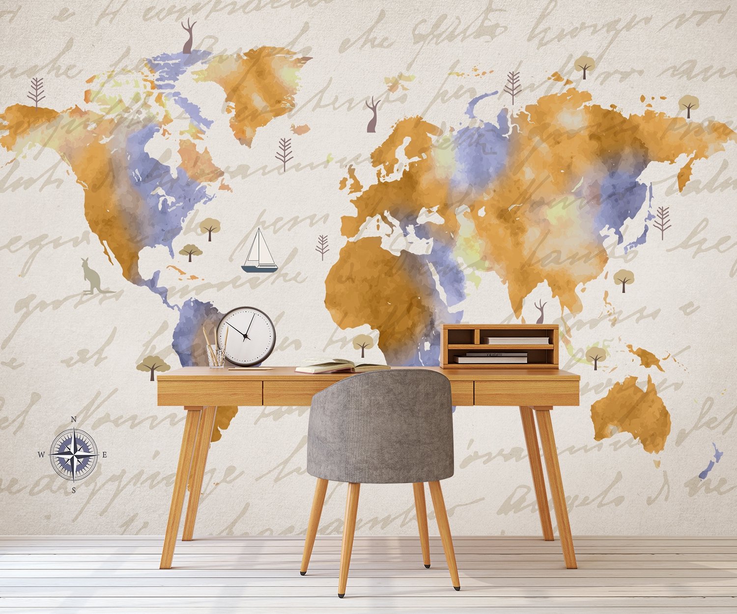 Orange World Map Wallpaper Mural - Peel and Stick