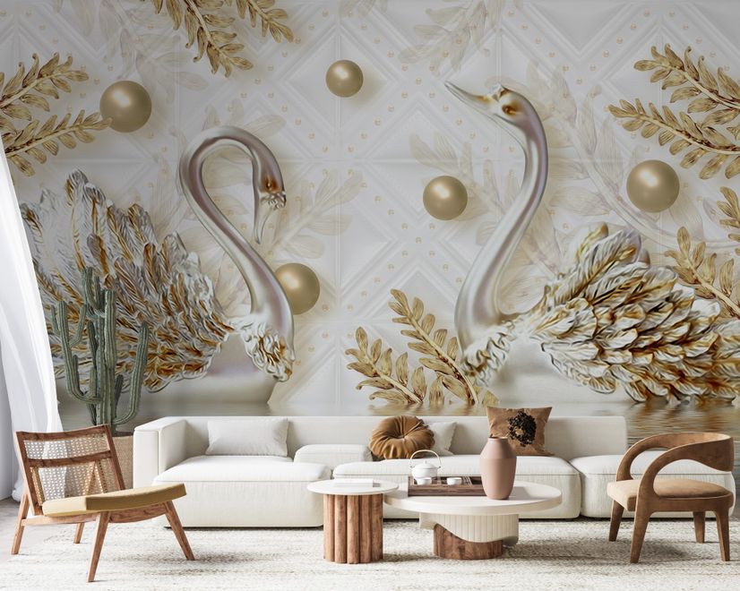 3D Look Swan and Leaf with Water Pattern Wallpaper Mural