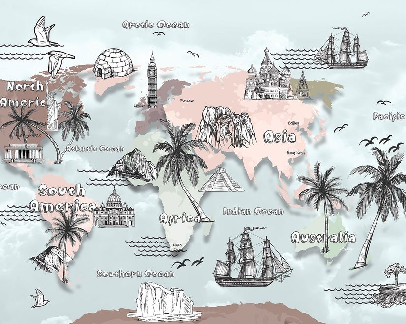 Kids World Map with Charcoal Famous Landmarks Wallpaper Mural