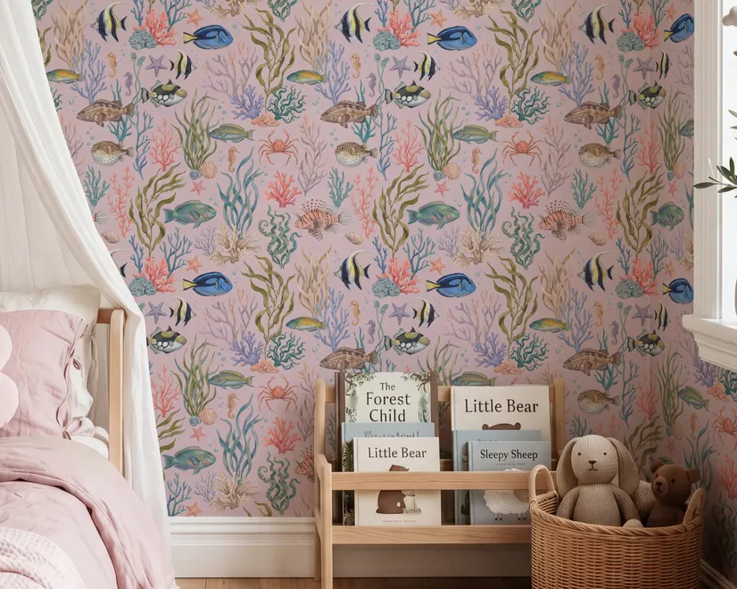 Cute pink seashell wallpaper with watercolour reef fish, coral, seaweed, starfish and shells on blush pink
