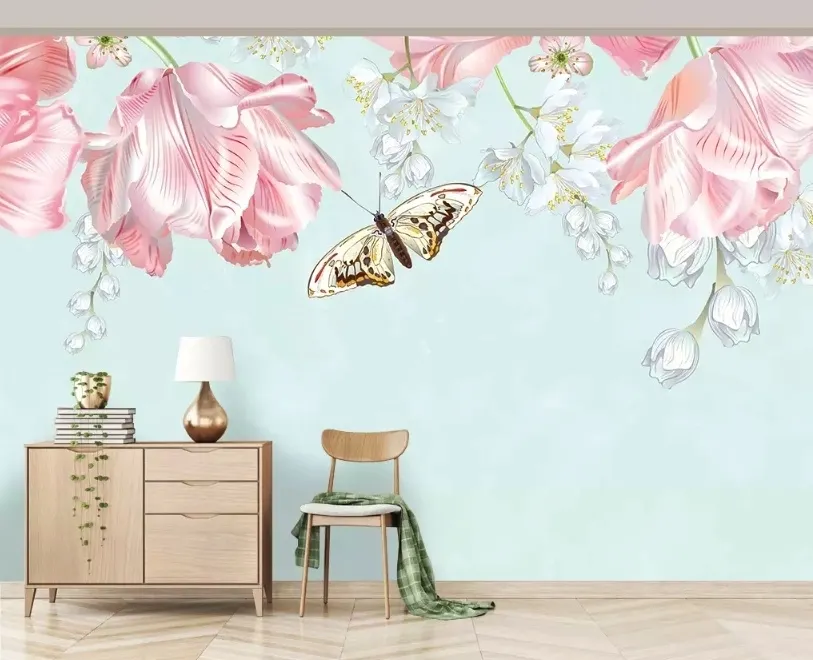 Pink Floral and Yellow Butterfly Wallpaper Mural