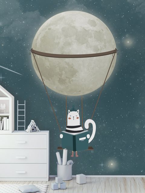 Papier peint panoramique chat balançoire lune brillante enfants