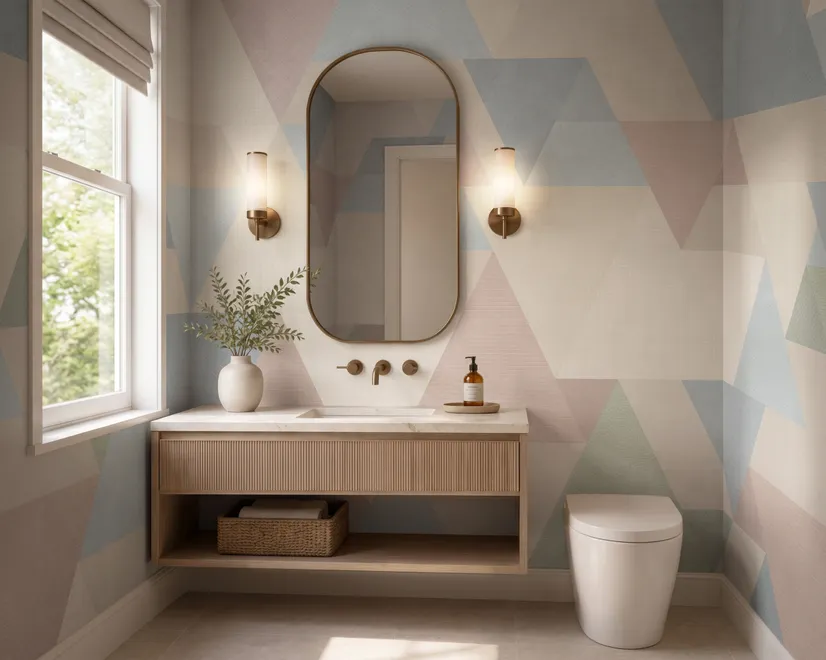 Pastel abstract wallpaper with overlapping sky blue, blush, cream, sage and grey textured triangles