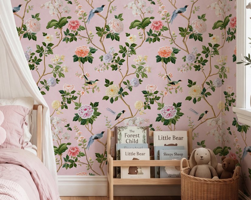 Cute pink wallpaper with birds, tan branches, green leaves and ivory, coral and lilac flowers.