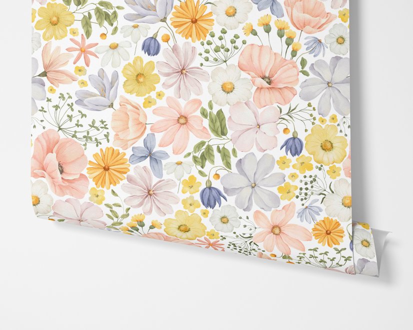 Spring floral wallpaper with pastel watercolour flowers and sage leaves on a clean white ground