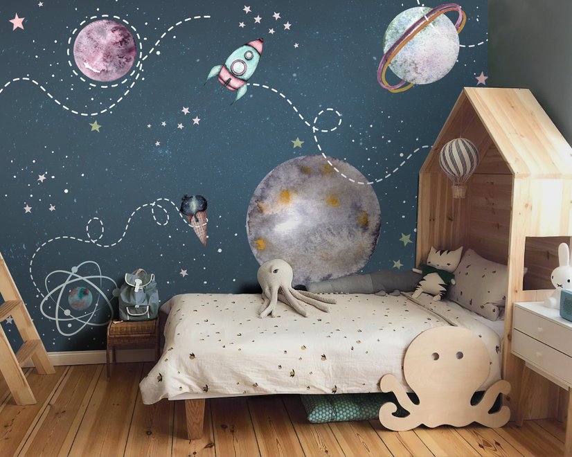 Kinderleuchtender Weltraum mit Aquarell-Bären-Astronauten-Fototapete