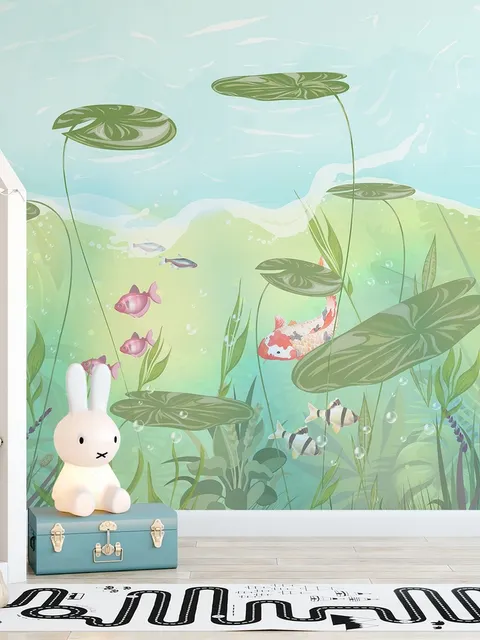 Papier peint panoramique feuilles de lotus et poissons pour chambre d'enfant
