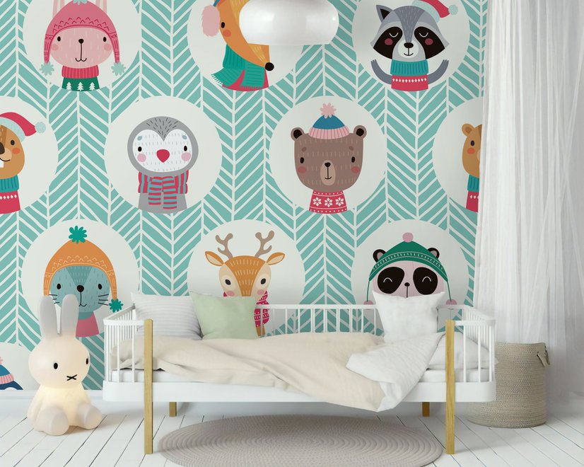 Papier peint panoramique motif d'animaux d'hiver mignon pour enfants avec lignes