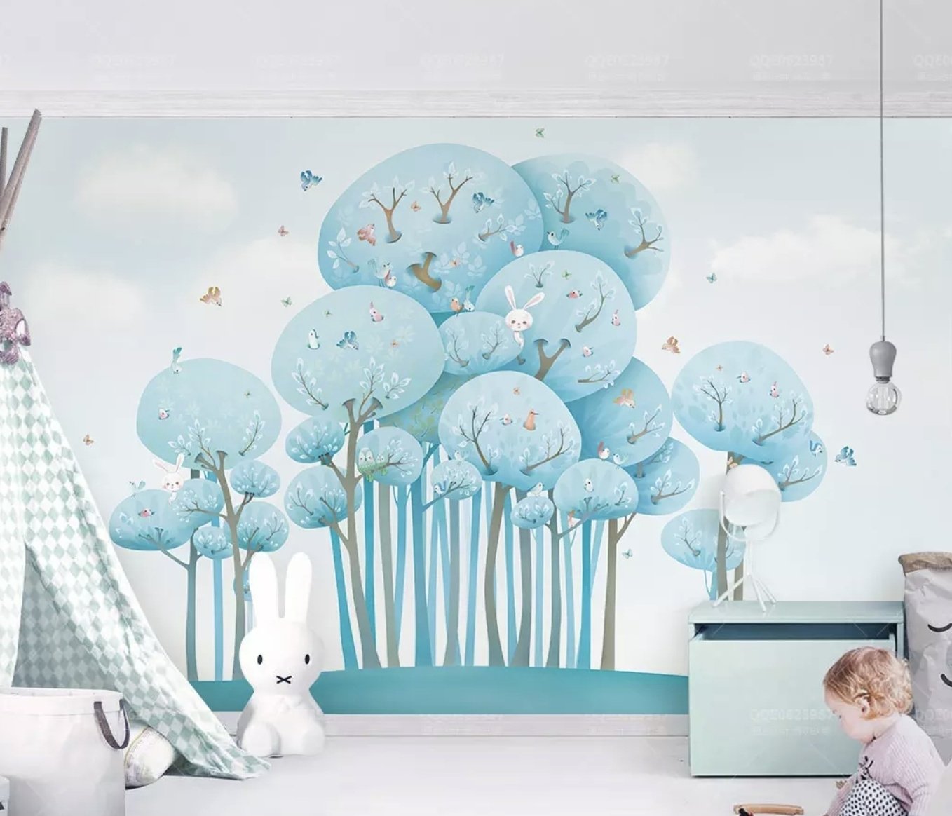 Watercolor Cartoon Blue Forest Landscape Wallpaper Mural - Peel and Stick