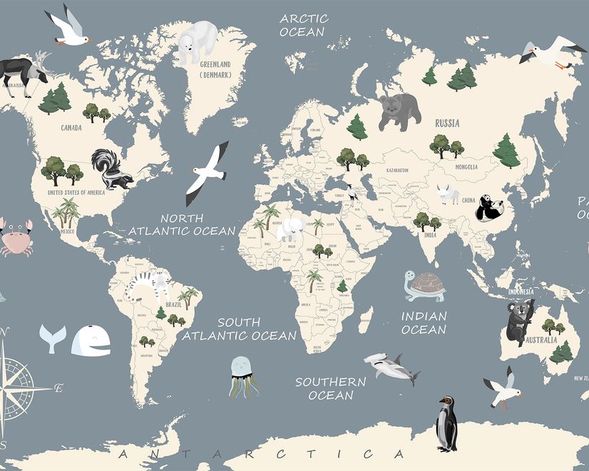 Kids Political Soft World Map with Cute Animals Wallpaper Mural