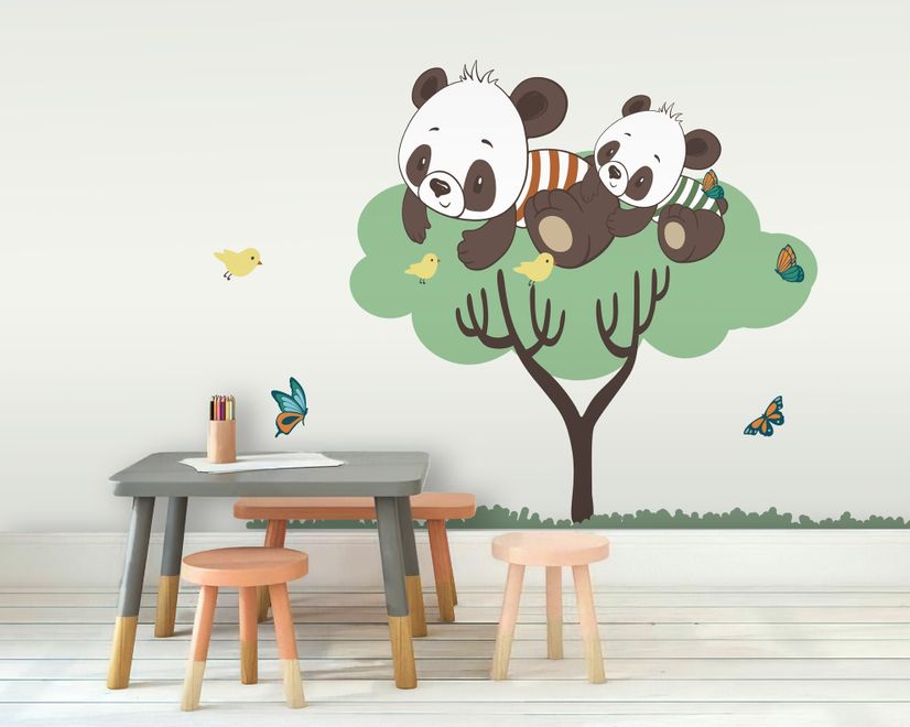 Panda and Her Cubs on the Tree with Butterfly and Birds Wall Decal Sticker