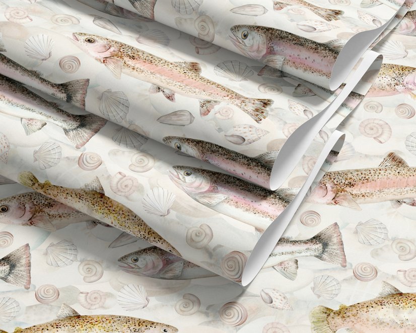Watercolor fish wallpaper with trout, seashells and pale aqua washes on a warm cream ground