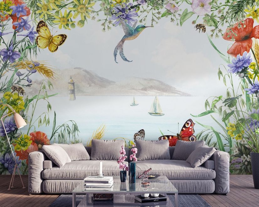 Sea View with Garden Flowers Wallpaper Mural