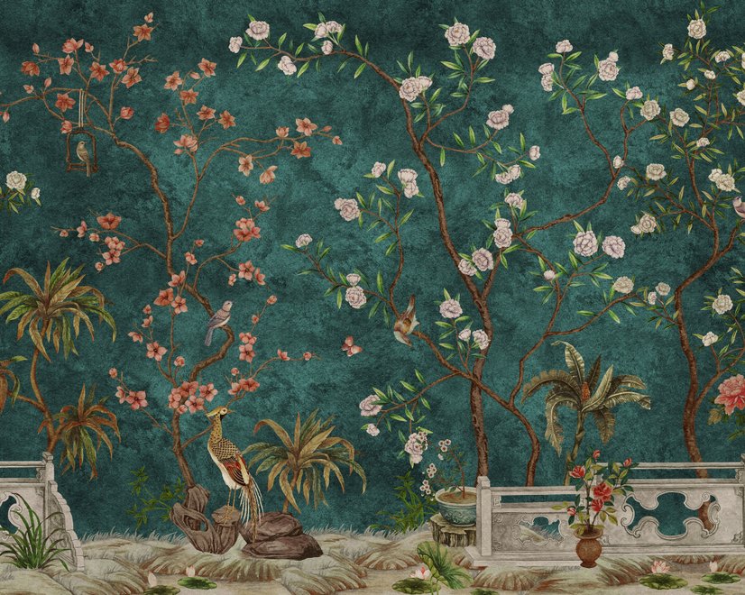 Floral wallpaper with birds in a teal chinoiserie garden with blossoms, pheasant, palms and stone railings