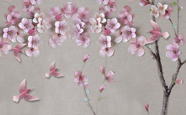 Cherry Blossom with Pink Birds Wallpaper Mural