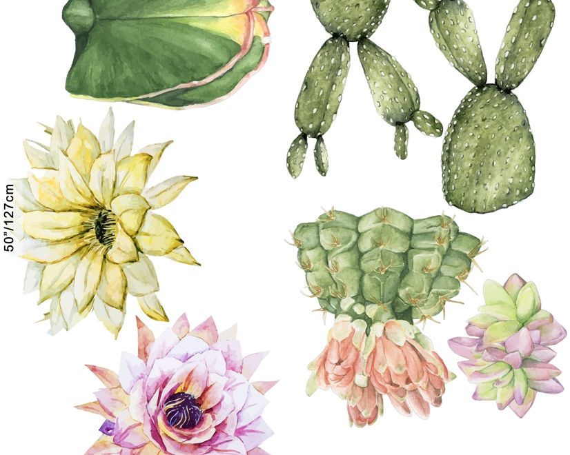 Watercolor Pink Yellow Cactus Florals Wall Decal Sticker