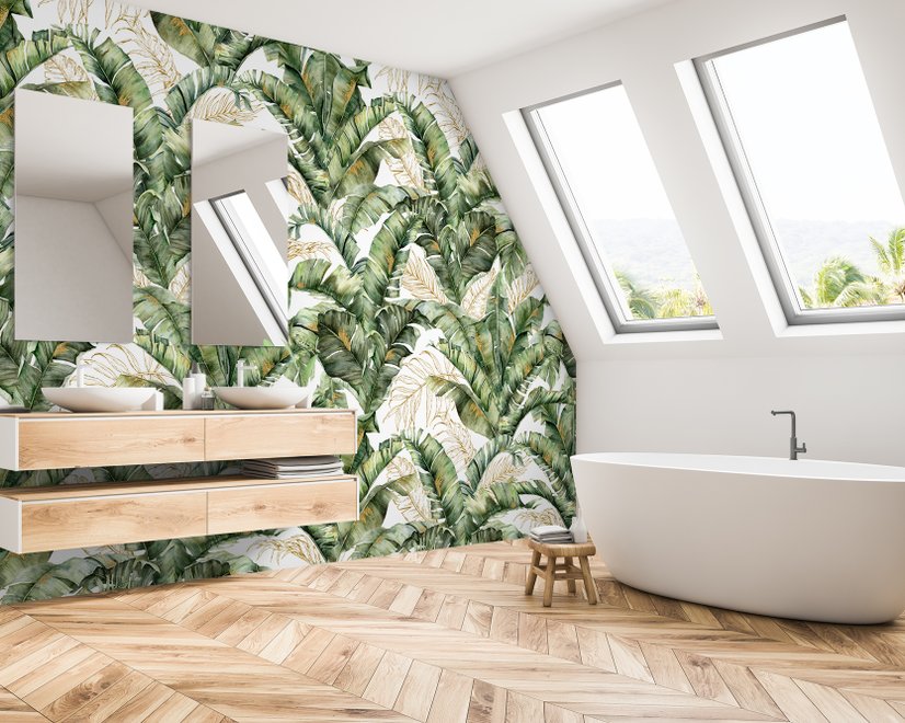 Watercolor Tropical Banana Leaf with Faux Gold Details Wallpaper Mural