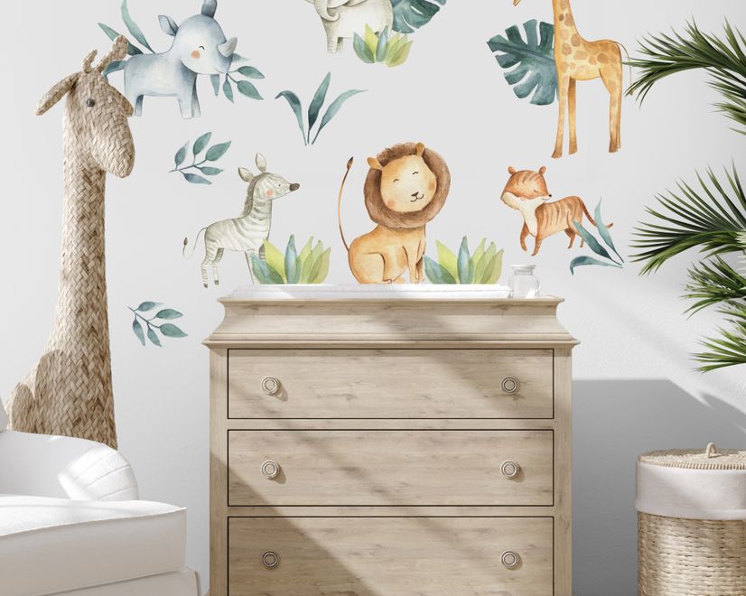Kinder Aquarell Safari Tiere mit Tropischen Blättern Wandtattoo