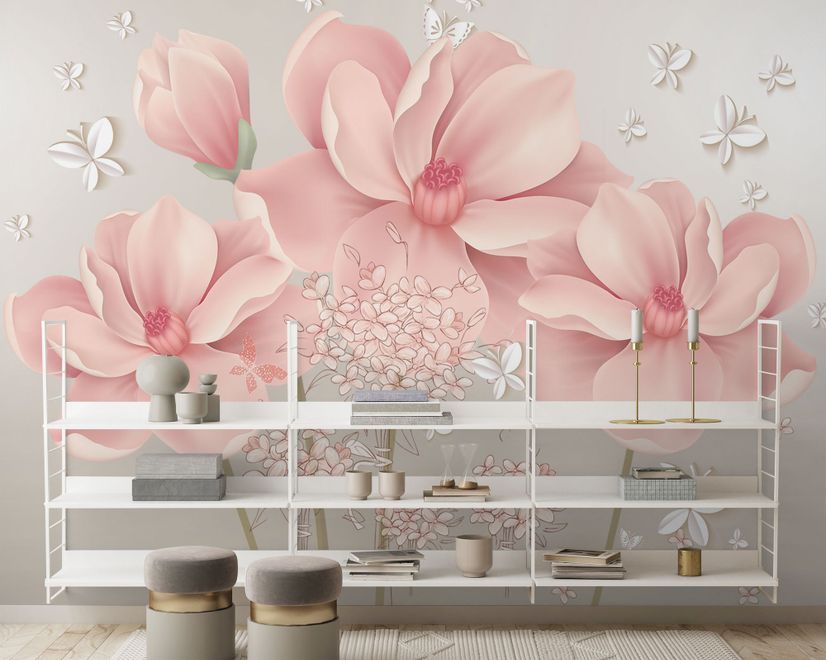 Papier peint panoramique rose Hdrangea floral avec petit papillon