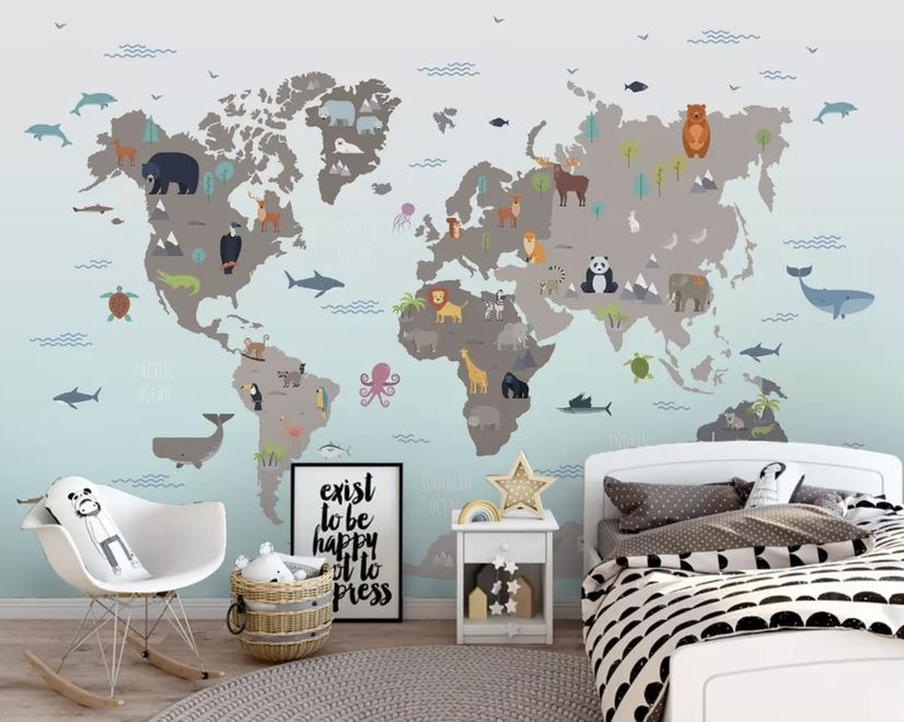 Gray Kids World Map Wallpaper Mural
