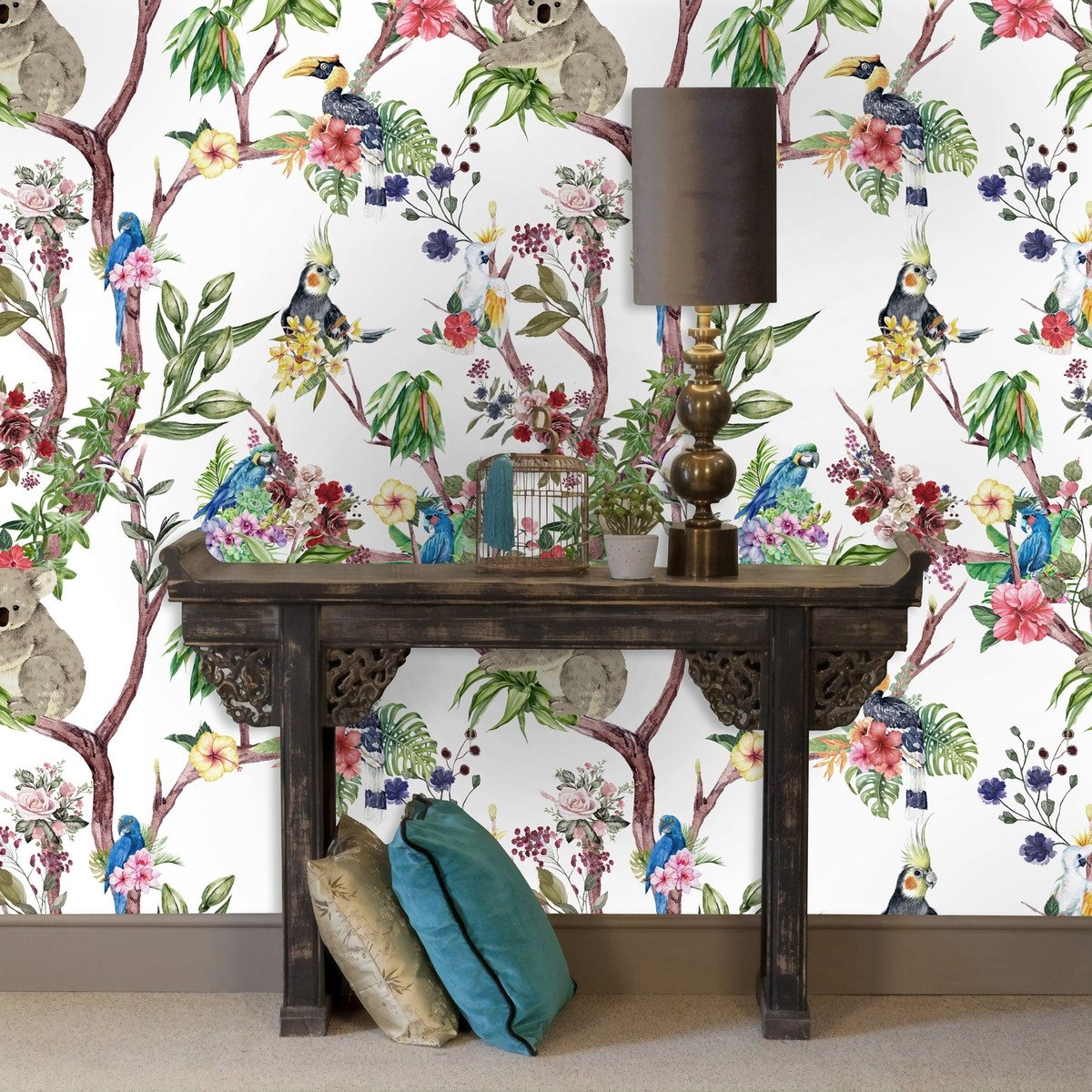 Animals on Flowering Tree Wallpaper - Peel and Stick