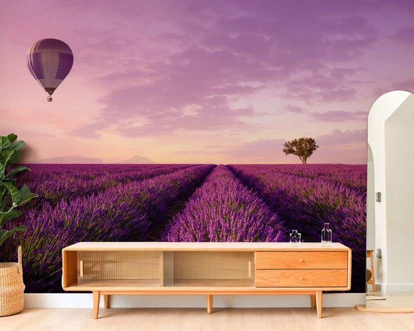 Serene Sunset Lavender and Balloon Landscape Wallpaper Mural