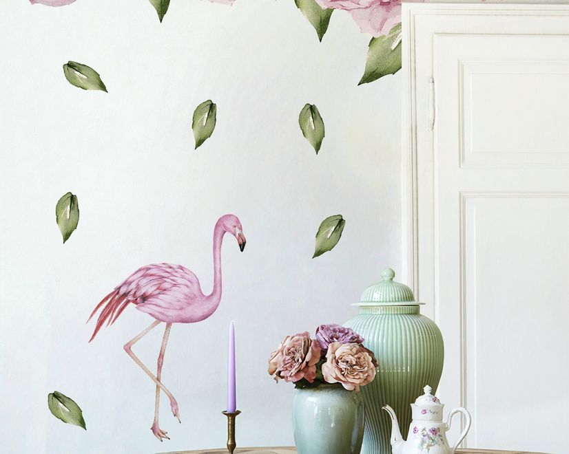 Pink Peony Floral and Flamingo Wall Decal Sticker