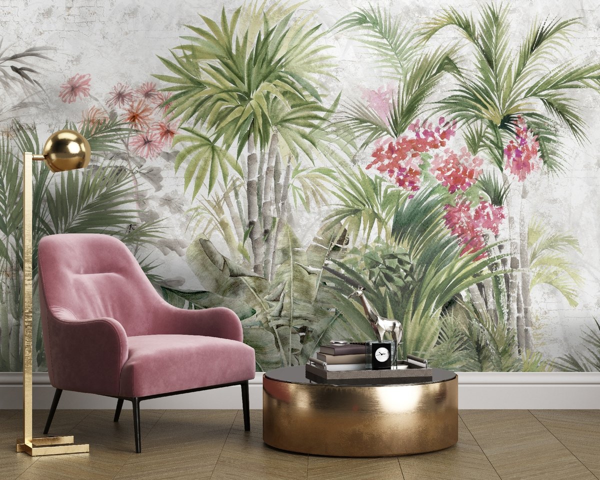 Watercolor Tropical Leaf and Flowers Wallpaper Mural - Peel and Stick
