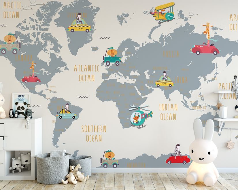 Kids World Map with Little Cars Wallpaper Mural