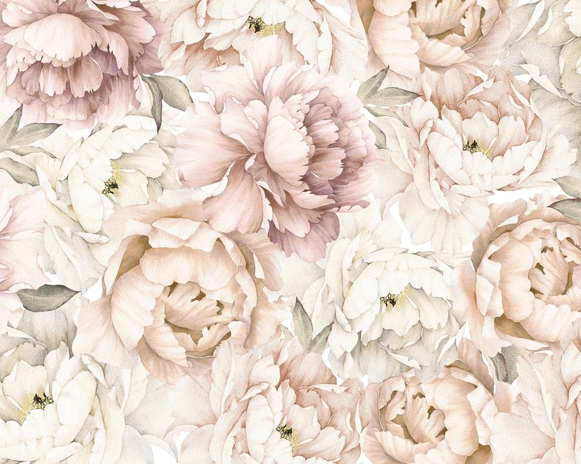 Fototapete Aquarell-Blumenmuster mit Pastell-Pfingstrosen für Mädchen