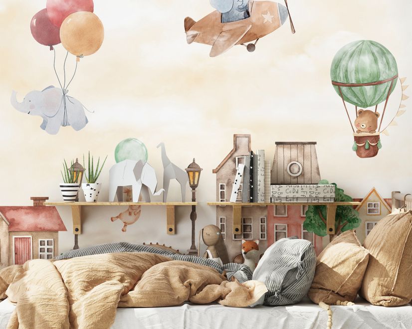 Watercolor Cute Houses with Flying Animals Wallpaper Mural for Kids