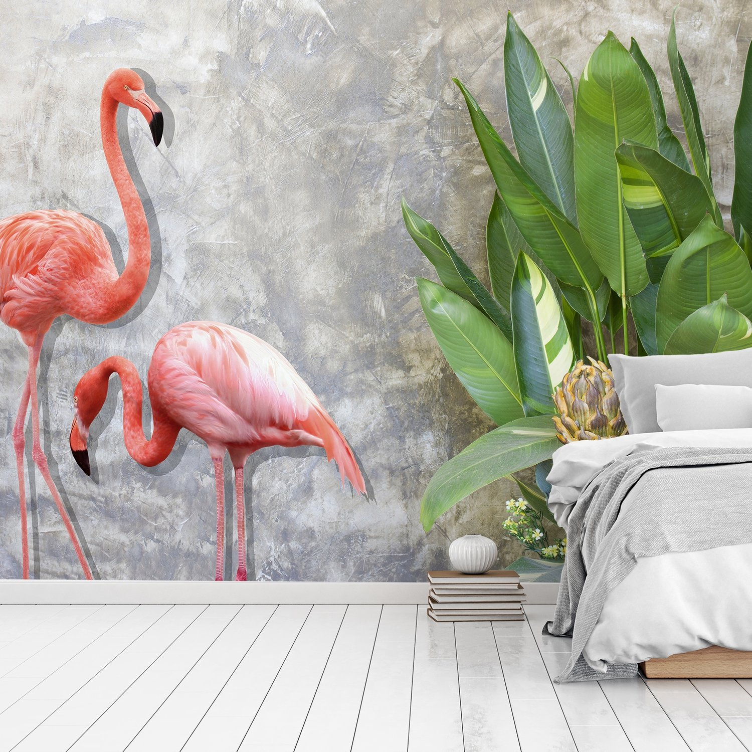 3D Look Pink Flamingo with Tropical Leaves Wallpaper Mural - Peel and Stick