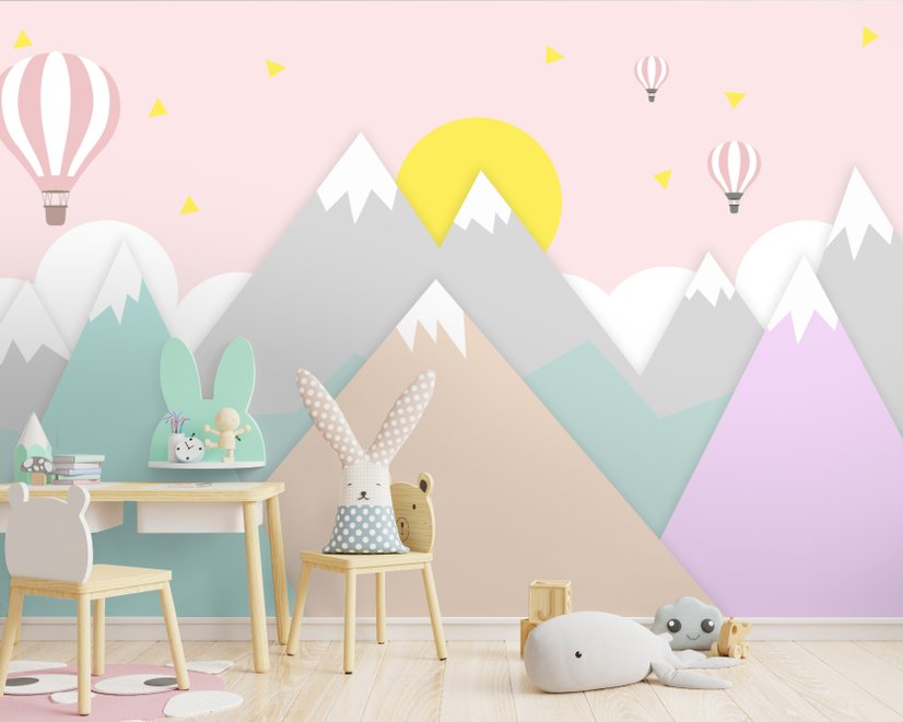 Pink Mountainscape and Hot Air Balloon Wallpaper Mural