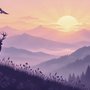 Stag mountain wallpaper with a navy deer silhouette, lavender pine ridges and a pale golden sun