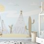 Papier peint panoramique paysage de dessins animés avec soleil joyeux