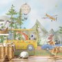 Kids Cute Watercolor Animals in the Bus Wallpaper Mural