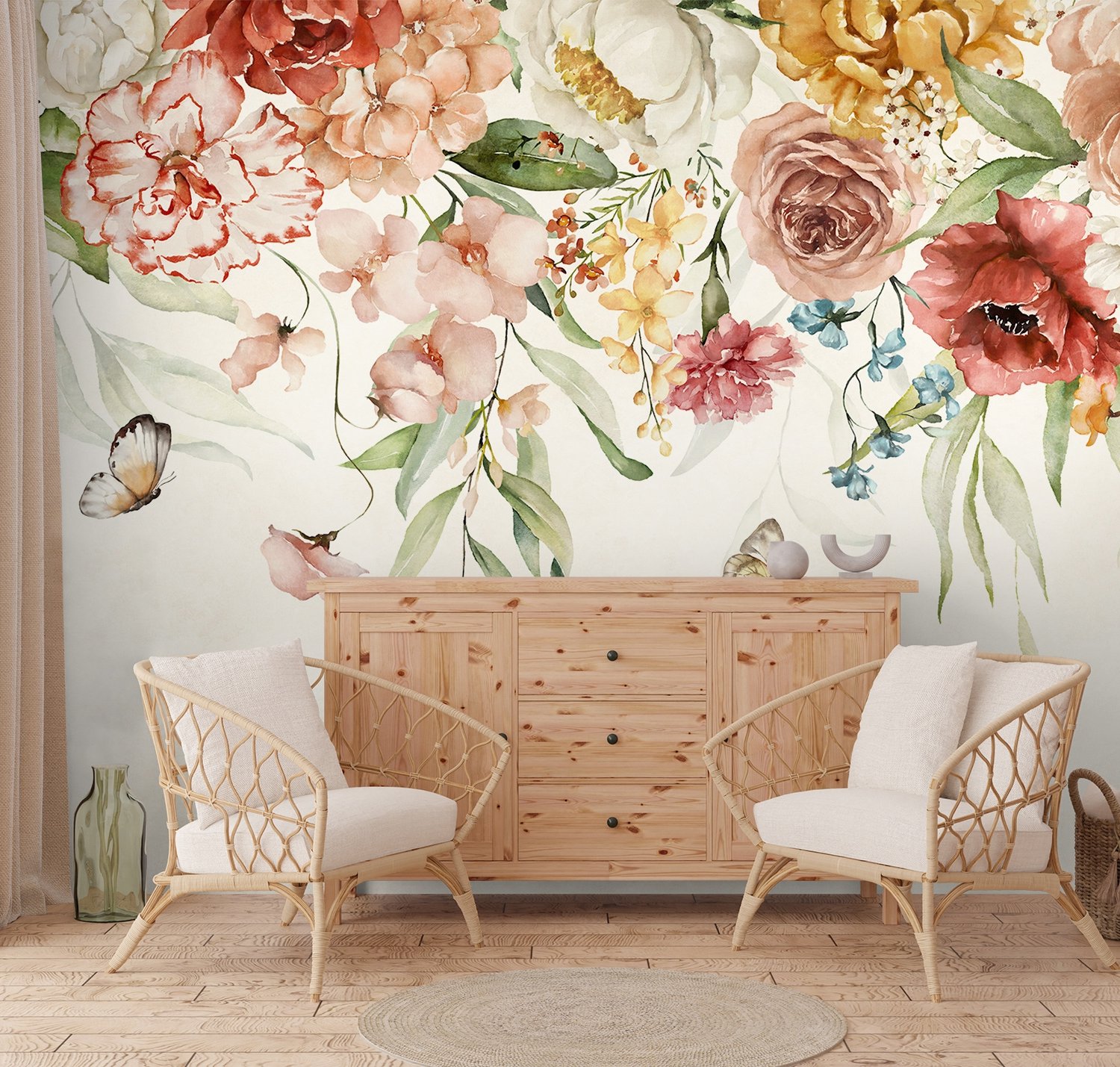 Summer Floral Colorful Watercolor Blossom Wallpaper Mural - Peel and Stick
