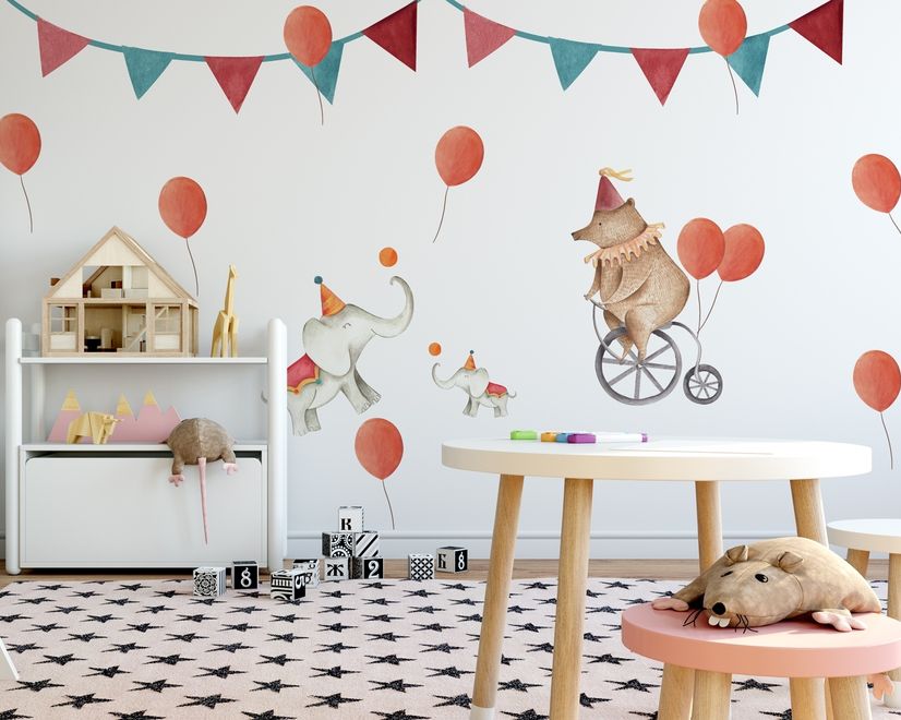 Kids Circus Cartoon Bear and Elephants Wall Decal Sticker