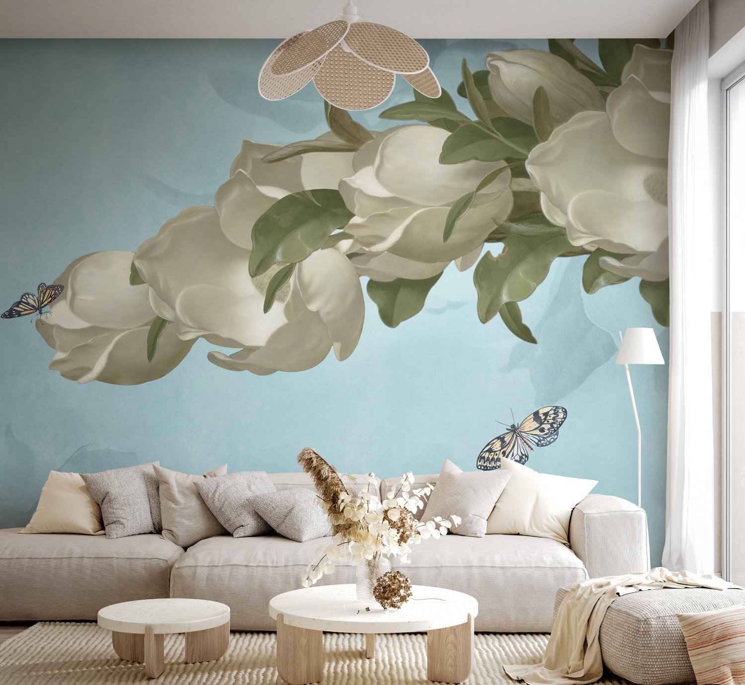 Gardenia Floral and Butterfly Wallpaper Mural - Peel and Stick