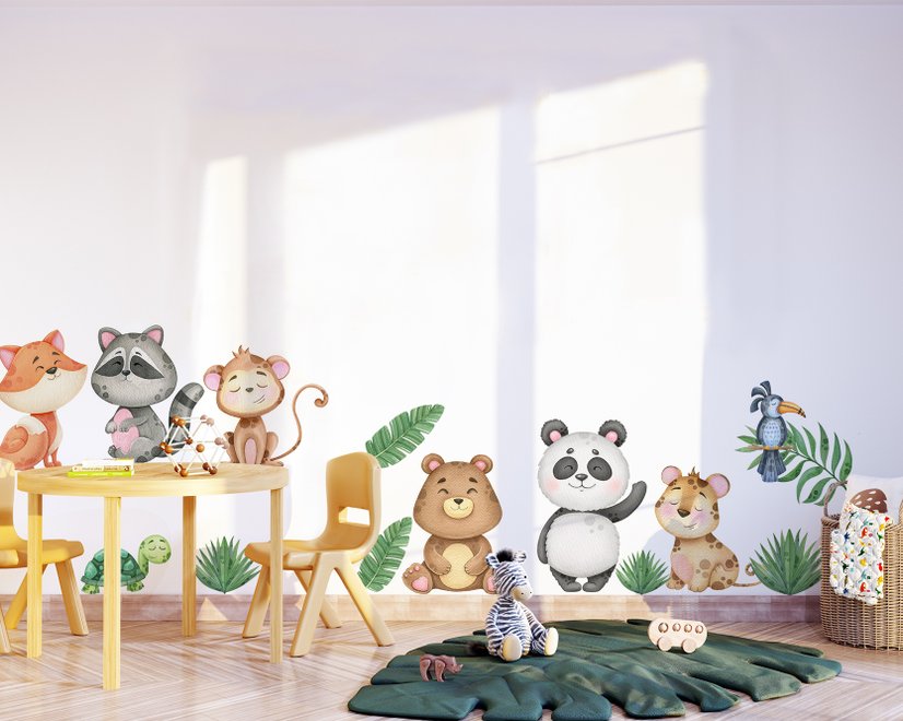 Kids Cute Animals with Banana Leaves Wall Decal Sticker