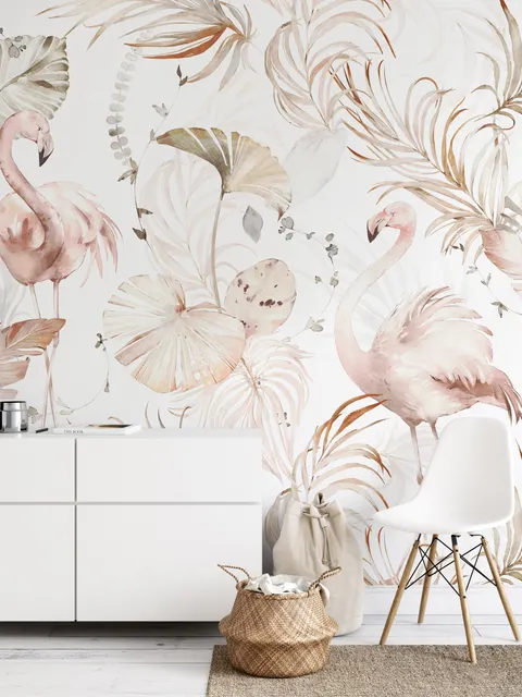 Soft Flamingo Art with Boho Tropical Leaf Wallpaper Mural