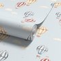 Hot air balloon wallpaper with watercolor balloons, ivory clouds and peach gold stars on pale powder blue