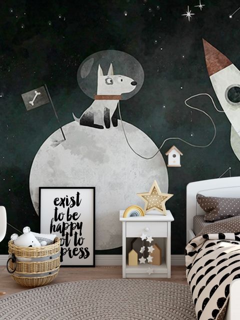 Kinder-Fototapete Weltraumhund mit Mond und Raketen