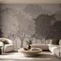 Misty forest nature wallpaper mural in greige, taupe and charcoal watercolour with birds