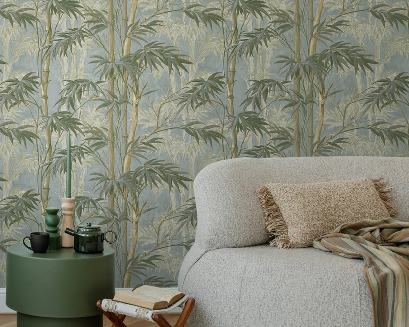 Bamboo oil painting wallpaper with olive leaves and ochre canes on a soft blue-grey ground