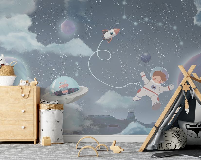 Papier peint panoramique de l'espace pour garçons - Planètes brillantes et astronautes
