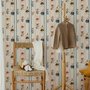 Cartoon wallpaper with rabbits, mice, a crowned fox and lambs in costumes between wavy blue stripes