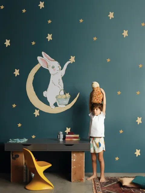 Nursery Cute Rabbit on the Crescent Moon and Yellow Stars Wall Decal Sticker