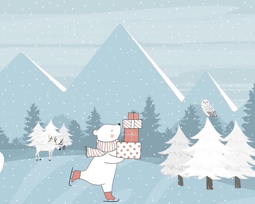 Ice Skater White Bear on the Snowy Winter Forest Wallpaper Mural