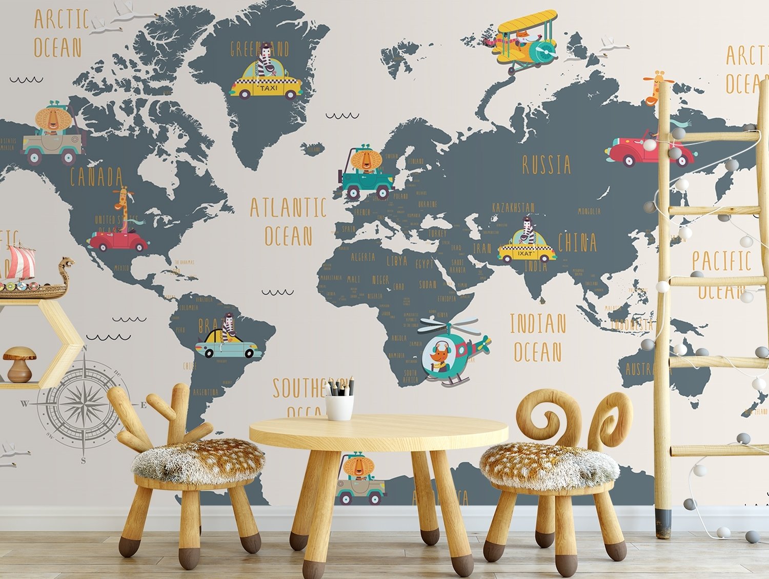 Kids World Map with Animals and Little Cars Wallpaper Mural - Peel and Stick